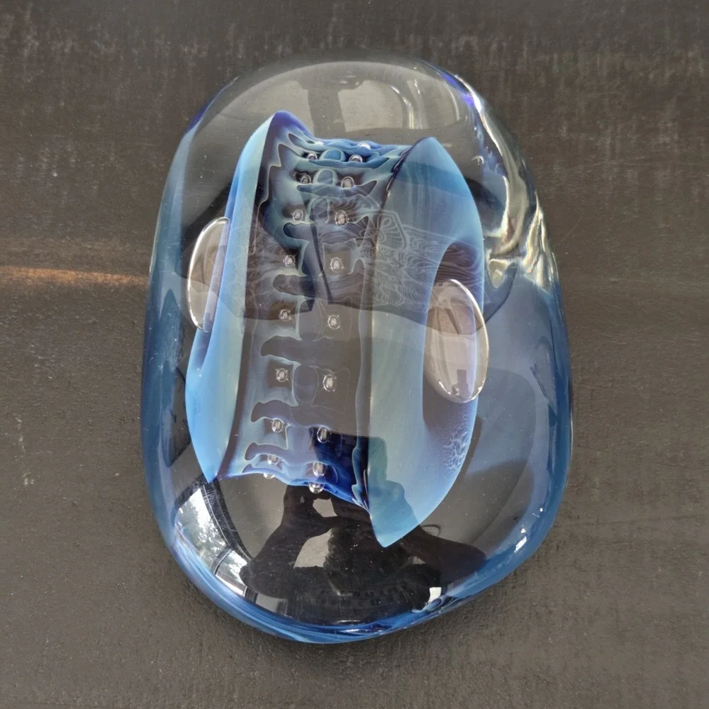 Robert Eickholt Blue/Black/Clear Reptile Series Mouth Blown Paperweight 1993